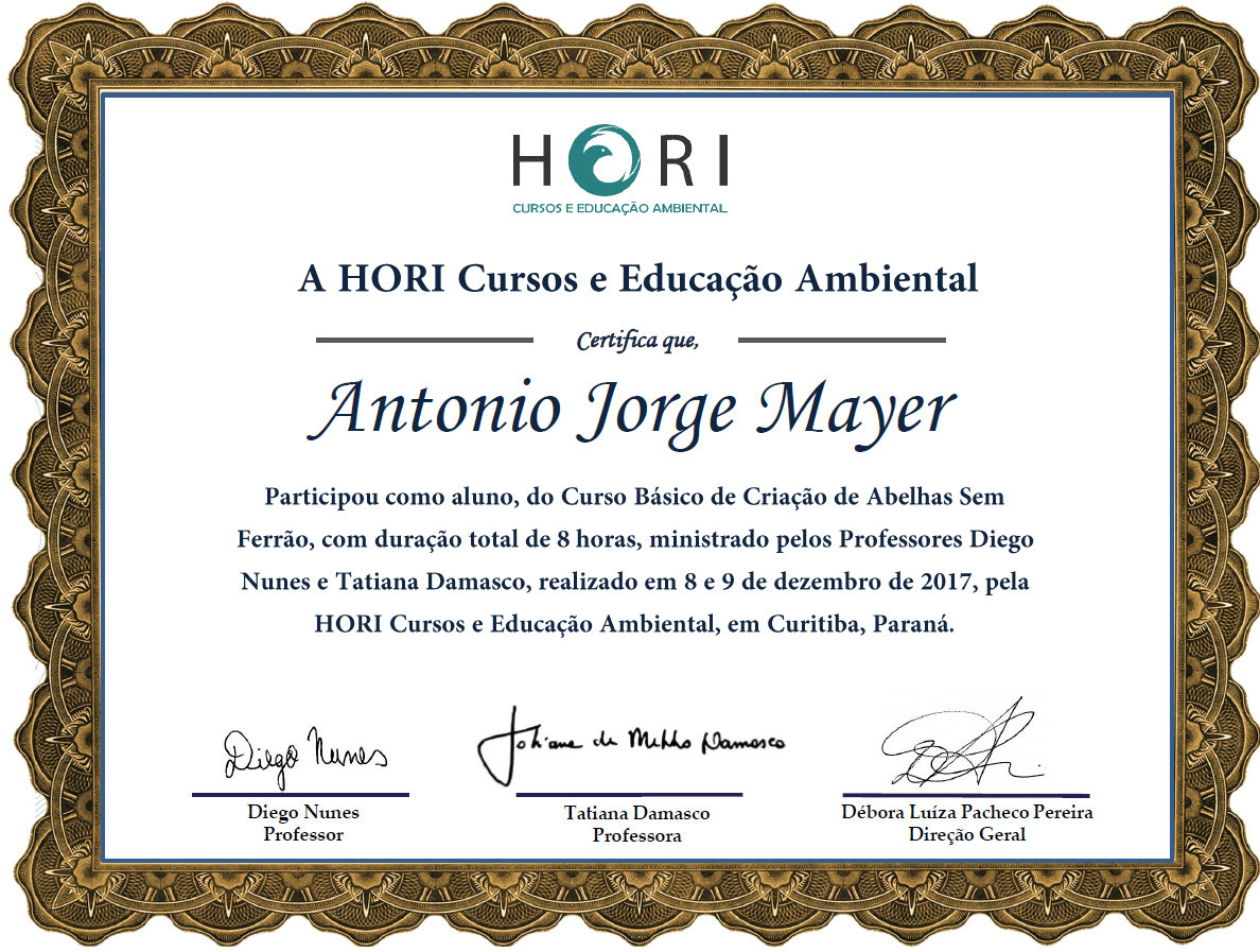 Certificado nº 1 do Meliponário Mayer