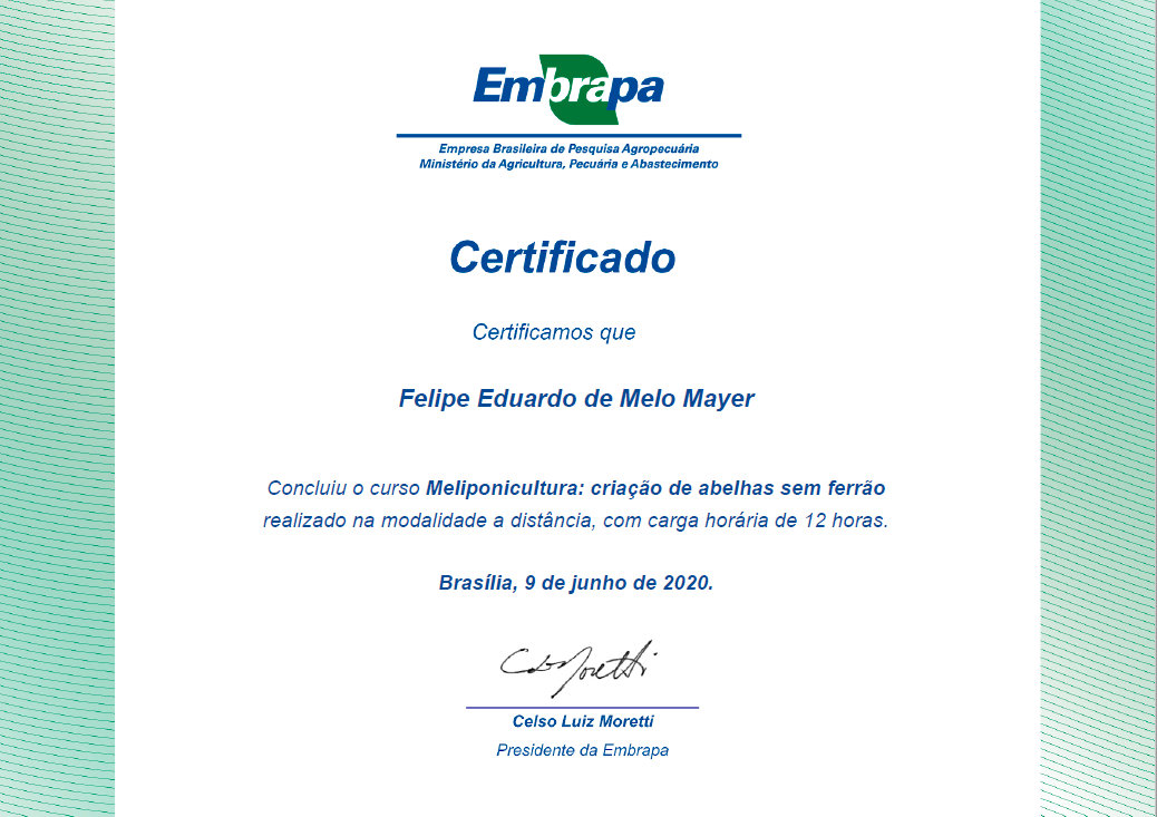Certificado nº 2 do Meliponário Mayer