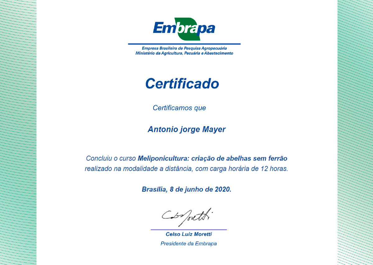 Certificado nº 3 do Meliponário Mayer