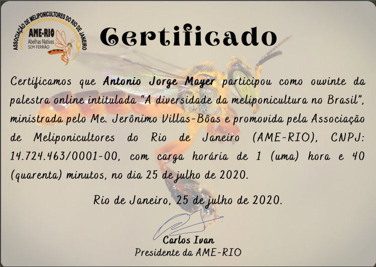 Certificado nº 4 do Meliponário Mayer
