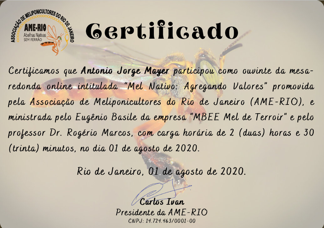 Certificado nº 5 do Meliponário Mayer