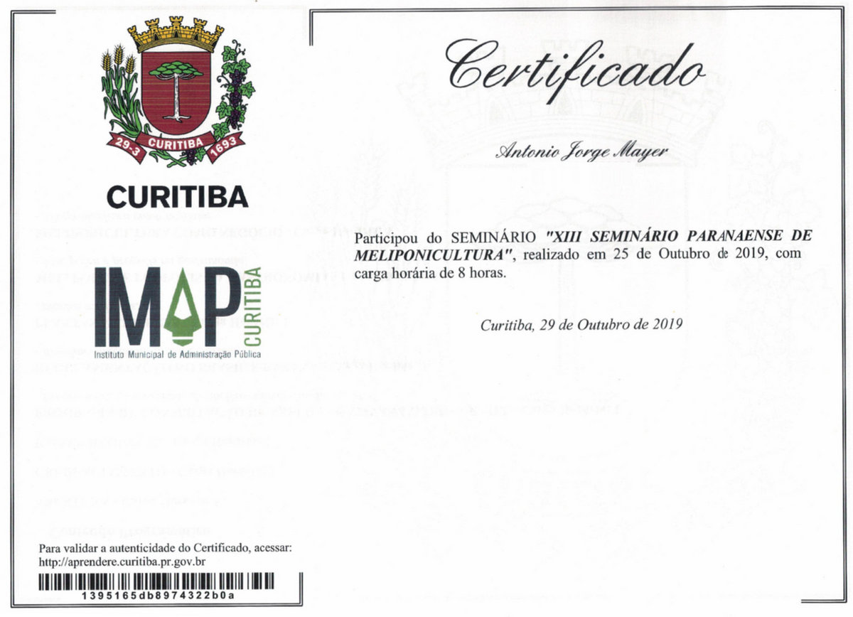 Certificado nº 6 do Meliponário Mayer