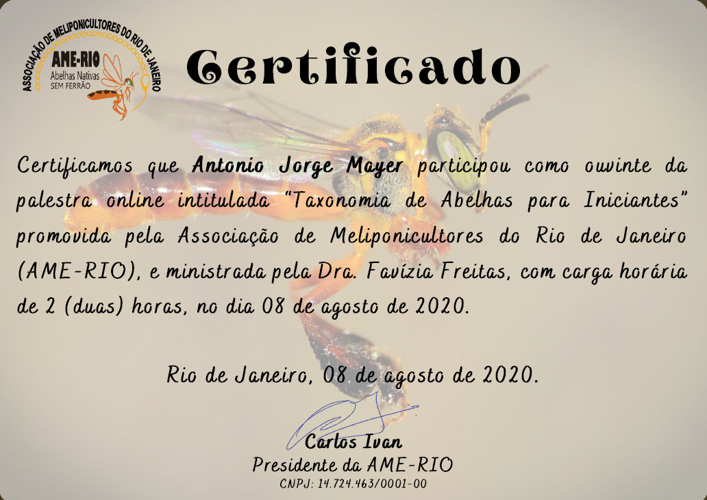 Certificado nº 7 do Meliponário Mayer