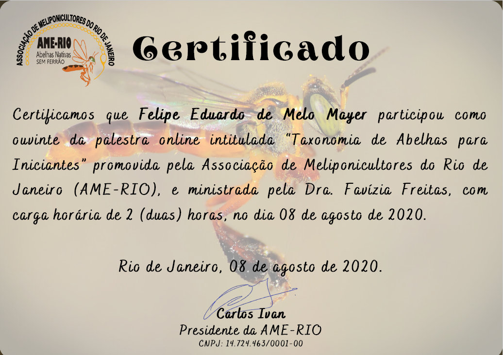 Certificado nº 8 do Meliponário Mayer