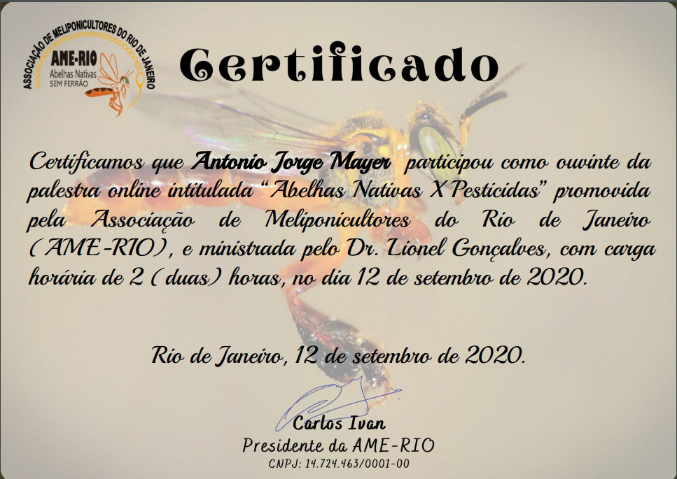 Certificado nº 10 do Meliponário Mayer