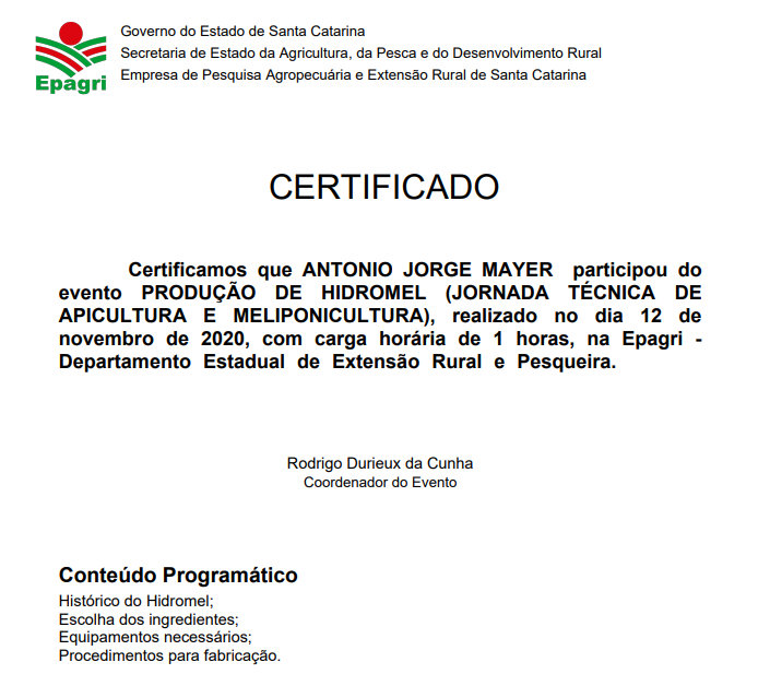 Certificado nº 11 do Meliponário Mayer