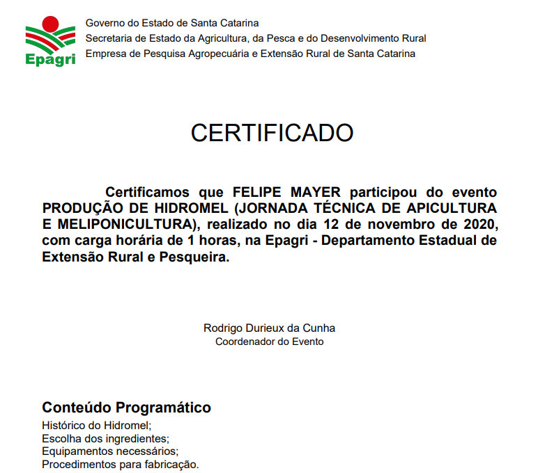 Certificado nº 12 do Meliponário Mayer