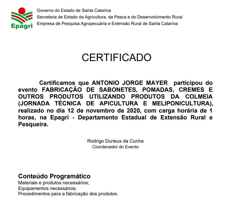 Certificado nº 13 do Meliponário Mayer