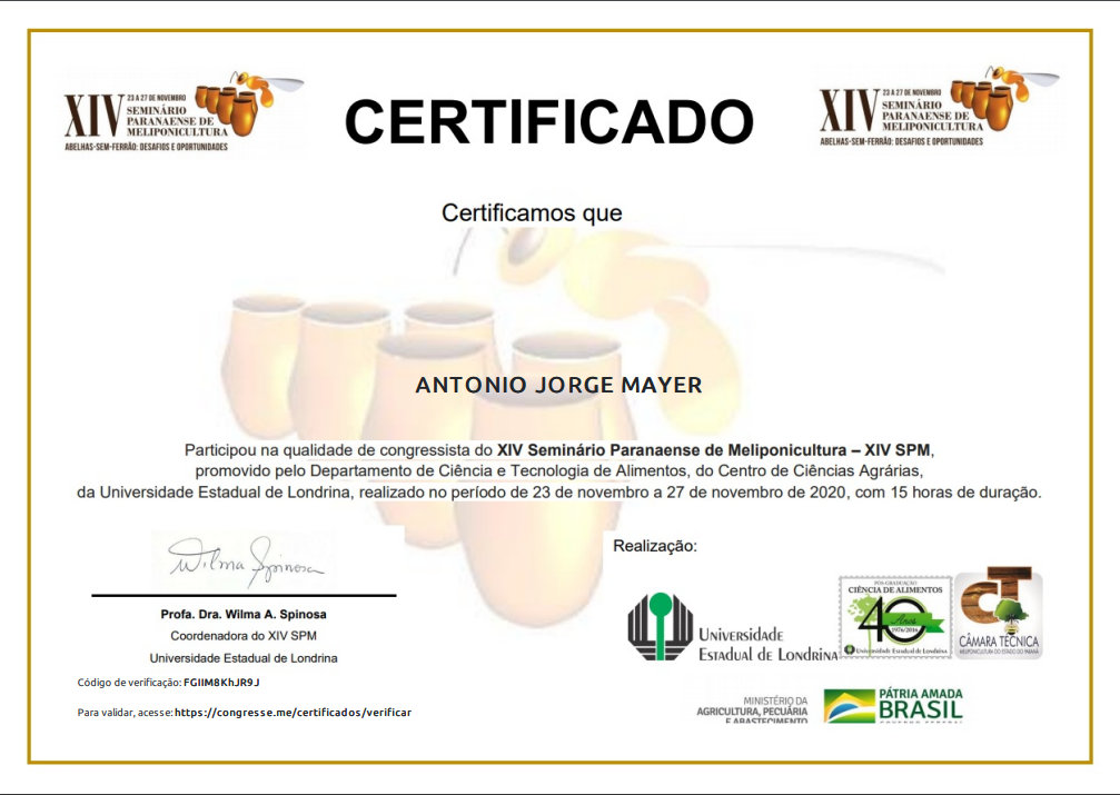 Certificado nº 14 do Meliponário Mayer