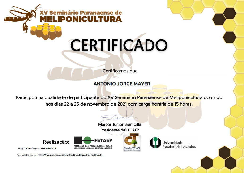Certificado nº 15 do Meliponário Mayer
