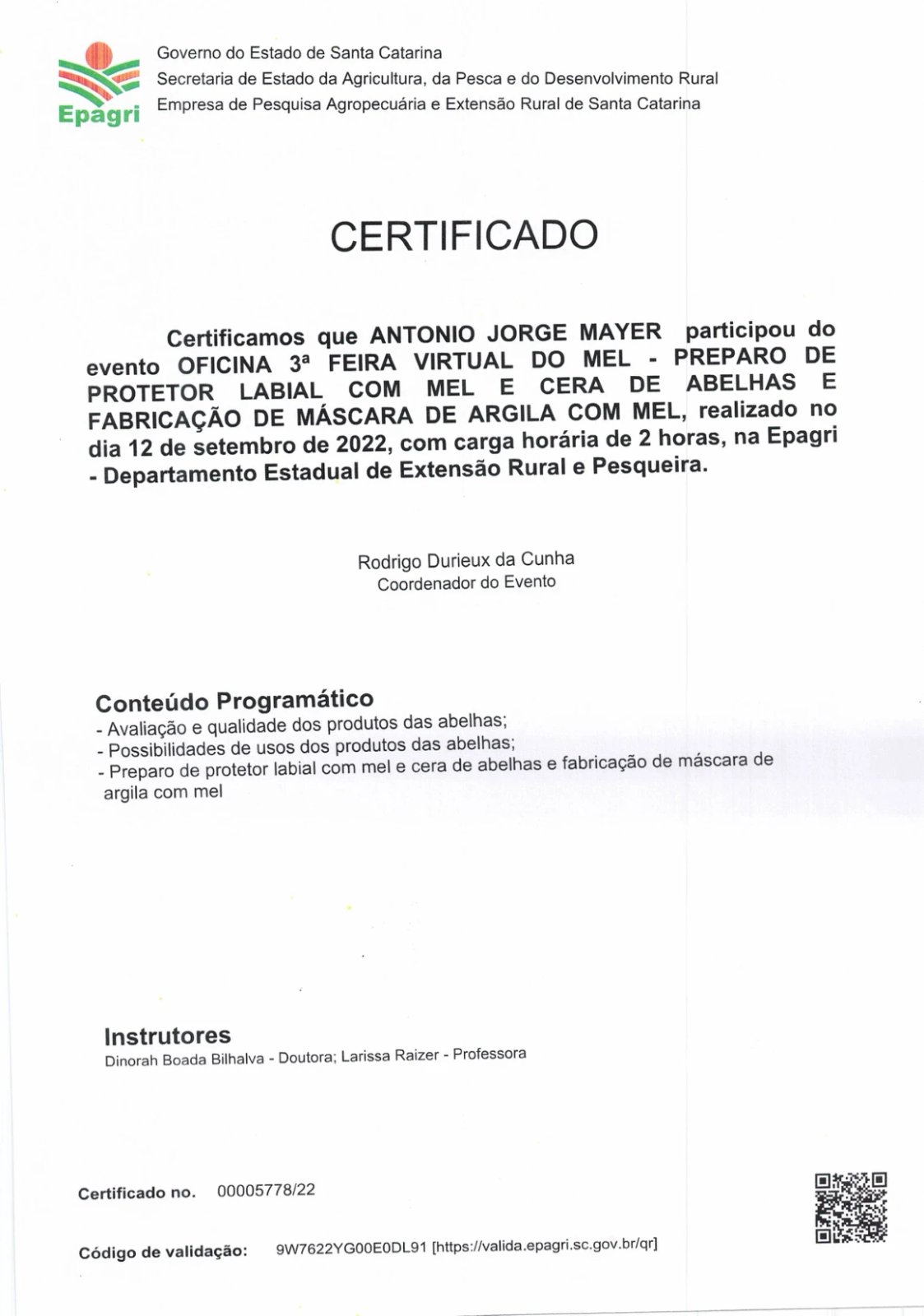 Certificado Epagri - Oficina 3ª Feira Virtual do Mel, Antonio Jorge Mayer