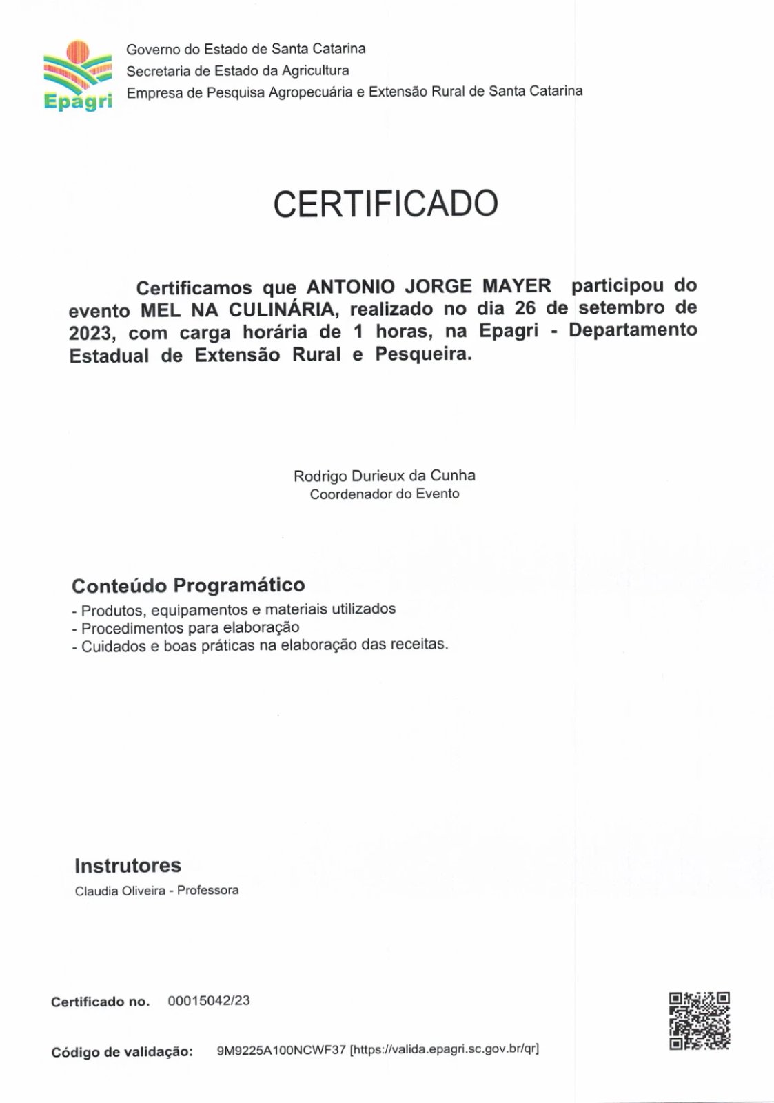 Certificado Epagri - Mel na Culinária, Antonio Jorge Mayer