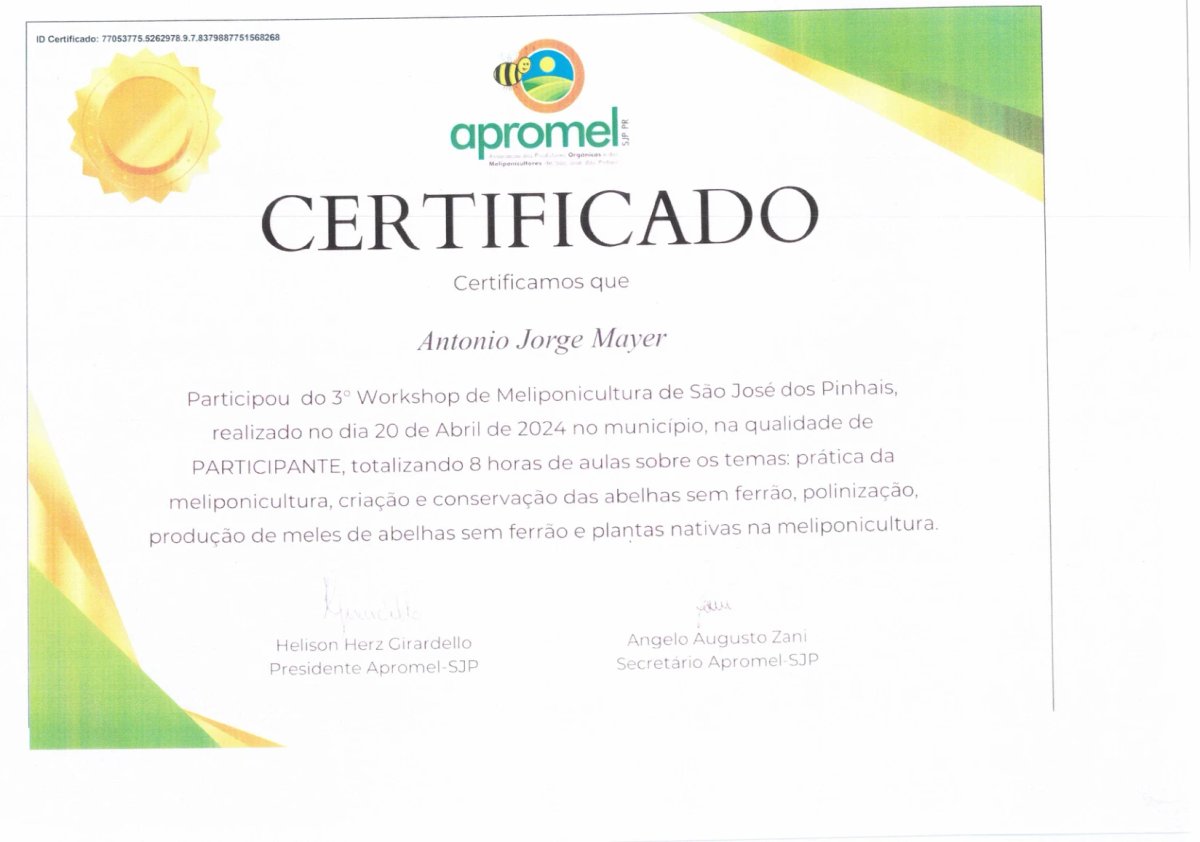 Certificado Apromel-SJP - 3º Workshop de Meliponicultura de São José dos Pinhais, Antonio Jorge Mayer