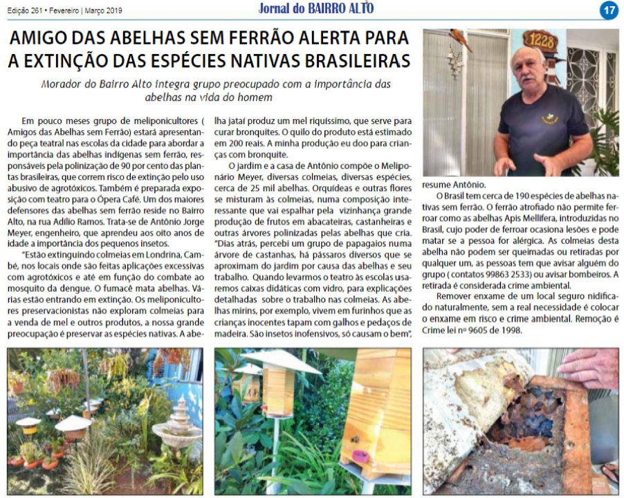 Recorte de matéria do Jornal do Bairro Alto sobre o Meliponário Mayer