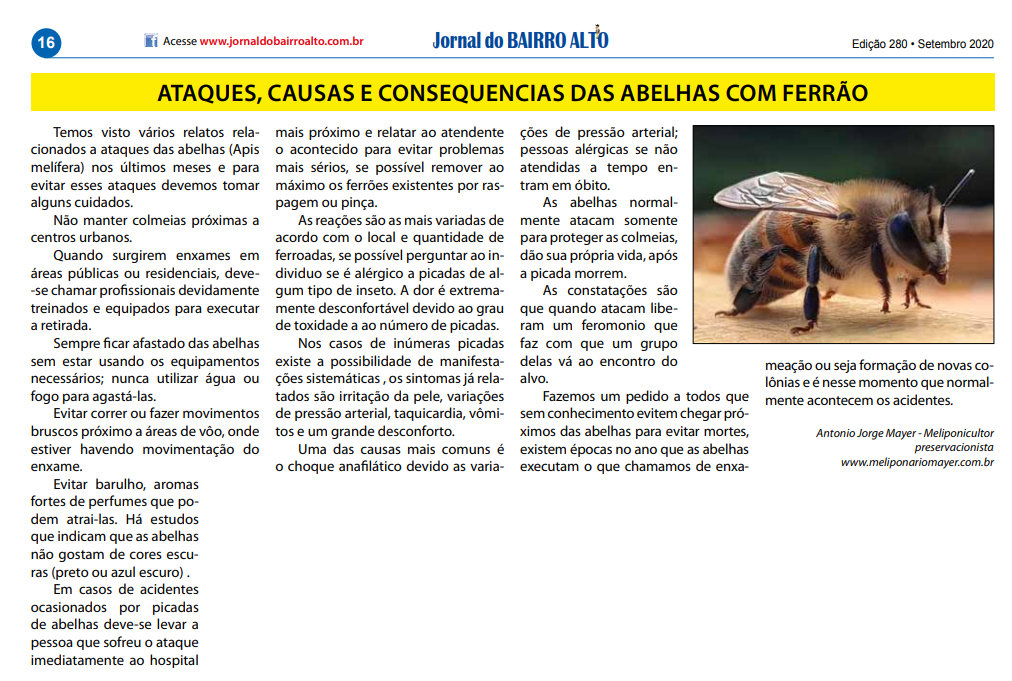 Recorte de matéria do Jornal do Bairro Alto sobre o Meliponário Mayer